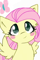 Size: 640x960 | Tagged: safe, artist:cuzmydogsaidso, fluttershy, butterfly, pegasus, pony, blush sticker, blushing, bust, colored pupils, looking at you, portrait, simple background, solo, spread wings, wings