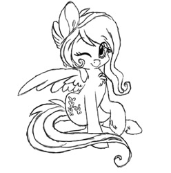 Size: 500x505 | Tagged: safe, artist:jojopeanut, fluttershy, pegasus, pony, black and white, grayscale, looking at you, monochrome, one eye closed, raised hoof, simple background, sitting, smiling, solo, spread wings, white background, wink