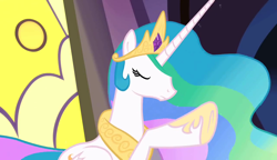 Size: 1280x738 | Tagged: safe, screencap, princess celestia, alicorn, pony, the return of harmony, female, horn, mare, multicolored mane, solo, white coat