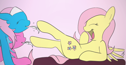 Size: 1088x561 | Tagged: safe, artist:mr square, artist:silver1kunai, aloe, fluttershy, lotus blossom, pegasus, pony, feather, hoof tickling, laughing, open mouth, tickling