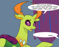 Size: 3337x2653 | Tagged: safe, artist:chedx, edit, thorax, changedling, changeling, comic:griffonstone's new ambassador, cropped, drama, drama bait, king thorax, male, misspelling, mouthpiece, star wars, star wars: the last jedi, wat, worried