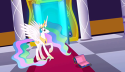 Size: 1280x738 | Tagged: safe, screencap, princess celestia, alicorn, pony, the return of harmony, box, raised hoof, shocked, solo, surprised