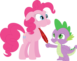 Size: 3577x2859 | Tagged: safe, artist:porygon2z, pinkie pie, spike, dragon, earth pony, pony, feather, floppy ears, puffy cheeks, simple background, stifling laughter, sweat, tickle torture, tickling, transparent background, trying too hard, vector