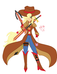 Size: 2550x3311 | Tagged: safe, artist:e-e-r, applejack, equestria girls, belly button, clothes, crossbow, dagger, element of honesty, element of kindness, freckles, hat, looking at you, midriff, necklace, pants, pendant, rope, signature, simple background, solo, sword, transparent background, vampire hunter