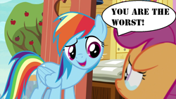 Size: 1280x720 | Tagged: safe, derpibooru import, edit, edited screencap, screencap, rainbow dash, scootaloo, pegasus, pony, the last crusade, abuse, background pony strikes again, clubhouse, cruel, crusaders clubhouse, downvote bait, duo, female, filly, mare, mouthpiece, op is a cuck, op is trying to start shit, out of character, rainbow douche, sad, scootabuse, teary eyes