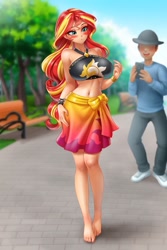 Size: 683x1024 | Tagged: safe, alternate version, artist:racoonsan, edit, editor:thomasfan45, sunset shimmer, human, equestria girls, anime, barefoot, beautiful, beautisexy, belly button, bench, bikini, black swimsuit, blushing, breasts, cellphone, clothes, cutie mark swimsuit, eyeshadow, faceless male, feet, female, hat, human coloration, jeweled swimsuit, legs, makeup, male, midriff, offscreen character, outdoors, pants, park, phone, sarong, sexy, stupid sexy sunset shimmer, summer sunset, sunset jiggler, surprised, sweater, swimsuit, tree, walkway