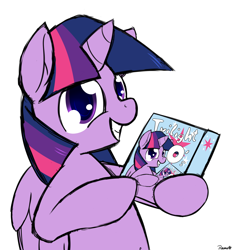 Size: 1400x1500 | Tagged: safe, artist:ramott, derpibooru import, twilight sparkle, twilight sparkle (alicorn), alicorn, pony, bipedal, cereal, droste effect, female, mare, recursion, simple background, solo