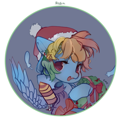 Size: 2008x2008 | Tagged: safe, artist:小huhu狸君呀, derpibooru import, rainbow dash, pegasus, pony, christmas, christmas wreath, female, hat, high res, holiday, looking at you, mare, present, rocket, santa hat, solo, wreath