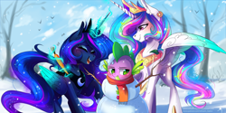 Size: 3464x1732 | Tagged: safe, artist:wilvarin-liadon, princess celestia, princess luna, spike, alicorn, dragon, pony, blushing, carrot, clothes, crown, cute, ear fluff, eyes closed, female, food, gem, glowing horn, horn, jewelry, laughing, levitation, looking away, magic, mare, open mouth, raised hoof, regalia, royal sisters, scarf, smiling, snow, snowfall, snowman, sweet dreams fuel, telekinesis, unamused, wallpaper, wings