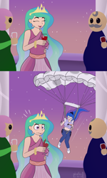 Size: 1500x2500 | Tagged: safe, artist:phallen1, princess celestia, princess luna, human, alcohol, band shirt, belly button, both cutie marks, clothes, comic, cutie mark on clothes, dress, gala dress, glass, group, hipgnosis, humanized, jeans, midriff, no dialogue, oh crap face, pants, parachute, pink floyd, ponytail, shirt, shirt lift, t-shirt, the dark side of the moon, wine, wine glass