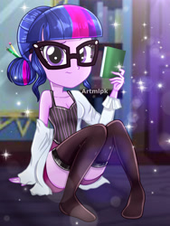 Size: 1800x2400 | Tagged: safe, artist:artmlpk, sci-twi, twilight sparkle, equestria girls, adorable face, adorasexy, adorkable, alternate hairstyle, bare chest, bare shoulders, beautiful, book, breasts, cleavage, clothes, coat, confused, cute, digital art, dork, female, glasses, hair bun, lab coat, looking at you, nerd, sexy, shirt, shorts, sitting, smiling, smiling at you, socks, solo, studying, t-shirt, thigh highs, thighs, watermark