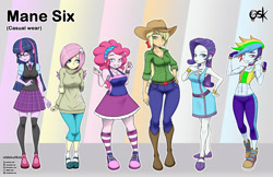 Size: 3496x2272 | Tagged: safe, artist:oldskullkid, applejack, fluttershy, pinkie pie, rainbow dash, rarity, twilight sparkle, twilight sparkle (alicorn), alicorn, equestria girls, abs, alternate hairstyle, applejack's hat, applerack, belt, boob freckles, boots, bracelet, breasts, chest freckles, cleavage, clothes, converse, cowboy boots, cowboy hat, cute, delicious flat chest, diapinkes, dress, female, freckles, glasses, hair over one eye, hat, headlight sparkle, hootershy, i can't believe it's not sci-twi, jewelry, kneesocks, looking at you, mane six, midriff, nail polish, pinkie pies, rainbow flat, raritits, shoes, skirt, smiling, socks, striped socks, sweater, sweatershy, thigh highs, twilight's professional glasses, zettai ryouiki