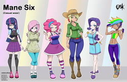 Size: 3496x2272 | Tagged: safe, alternate version, artist:oldskullkid, applejack, fluttershy, pinkie pie, rainbow dash, rarity, twilight sparkle, twilight sparkle (alicorn), alicorn, equestria girls, abs, alternate hairstyle, applejack's hat, applerack, belt, boob freckles, boots, bracelet, breasts, chest freckles, cleavage, clothes, converse, cowboy boots, cowboy hat, cute, dark skin, delicious flat chest, diapinkes, dress, female, freckles, glasses, hair over one eye, hat, headlight sparkle, hootershy, i can't believe it's not sci-twi, jewelry, kneesocks, light skin, looking at you, mane six, midriff, nail polish, pinkie pies, rainbow flat, raritits, shoes, skirt, smiling, socks, striped socks, sweater, sweatershy, thigh highs, twilight's professional glasses, zettai ryouiki