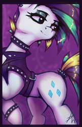 Size: 1600x2473 | Tagged: safe, artist:penny-wren, rarity, pony, unicorn, alternate hairstyle, bracelet, choker, clothes, collar, female, jacket, jewelry, leather jacket, mare, punk, raripunk, solo, spiked choker, spiked collar, spiked wristband, studded bracelet, tail band, wristband