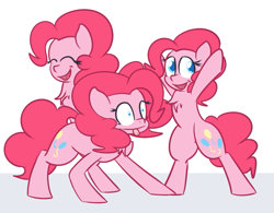 Size: 1147x894 | Tagged: safe, artist:mr-degration, pinkie pie, pony, bipedal, chest fluff, eyes closed, open mouth, self ponidox, solo, tongue out