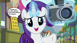 Size: 1280x720 | Tagged: safe, edit, edited screencap, screencap, lucky breaks, neigh sayer, pegasus olsen, rarity, earth pony, pony, unicorn, season 6, the gift of the maud pie, barrels, booth, bronybait, camera, cute, darling, fabulous, female, flea market, glowing horn, gratuitous french, hat, horn, levitation, looking at you, magic, magic aura, manehattan, mare, market, peggy holstein, raribetes, solo focus, speech bubble, telekinesis, text