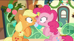 Size: 1920x1080 | Tagged: safe, screencap, applejack, pinkie pie, earth pony, pony, hearthbreakers, boop, eye contact, nose wrinkle, noseboop, open mouth, shipping fuel, sitting, smiling, wat, wide eyes