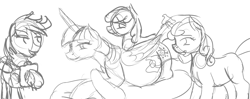 Size: 1555x615 | Tagged: safe, artist:patch, derpibooru import, apple bloom, scootaloo, sweetie belle, twilight sparkle, twilight sparkle (alicorn), alicorn, pony, belly, cutie mark crusaders, female, listening, mare, monochrome, older, pregnant, prone, sketch, stethoscope