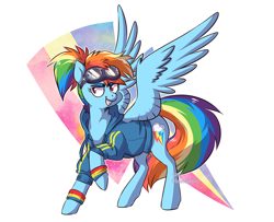 Size: 1200x974 | Tagged: safe, artist:spetu, derpibooru import, rainbow dash, pegasus, pony, abstract background, alternate hairstyle, clothes, female, goggles, grin, hoodie, jacket, kotobukiya, kotobukiya rainbow dash, lightning, mare, ponified, ponytail, raised hoof, simple background, smiling, solo, spread wings, wings