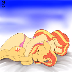 Size: 3000x3000 | Tagged: safe, artist:tomtornados, sunset shimmer, human, pony, unicorn, equestria girls, bed, clothes, cute, cute as fuck fam, eyes closed, female, floppy ears, holding a pony, human on pony snuggling, human ponidox, mare, panties, self ponidox, shimmerbetes, sleeping, smiling, snuggling, underwear