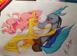 Size: 2839x2092 | Tagged: safe, artist:byannss, discord, fluttershy, pegasus, pony, blushing, discoshy, female, kissing, male, shipping, straight, traditional art