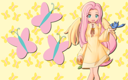 Size: 2560x1600 | Tagged: safe, artist:alicehumansacrifice0, artist:angriestangryartist, artist:ooklah, derpibooru import, edit, fluttershy, human, clothes, cutie mark, cutie mark background, dress, humanized, solo, wallpaper, wallpaper edit