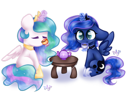 Size: 1024x768 | Tagged: safe, artist:naty7913, princess celestia, princess luna, alicorn, pony, chibi, cup, cute, duo, female, food, glowing horn, hoof shoes, magic, mare, simple background, sitting, spread wings, tea, telekinesis, transparent background, wings