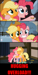 Size: 748x1463 | Tagged: safe, edit, edited screencap, screencap, applejack, pinkie pie, earth pony, pony, hearthbreakers, collage, cute, eye contact, eyes closed, floppy ears, friendshipping, frown, grin, hug, open mouth, pointing, raised hoof, smiling, squee