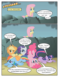 Size: 612x792 | Tagged: safe, artist:newbiespud, derpibooru import, edit, edited screencap, screencap, applejack, fluttershy, pinkie pie, rainbow dash, rarity, twilight sparkle, unicorn twilight, earth pony, pegasus, pony, unicorn, comic:friendship is dragons, dragonshy, cliff, comic, dialogue, female, freckles, hat, looking down, mane six, mare, onomatopoeia, screencap comic, upside down