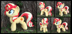 Size: 3668x1754 | Tagged: safe, artist:peruserofpieces, sunset shimmer, pony, unicorn, collage, female, mare, plushie, smiling, standing, tree