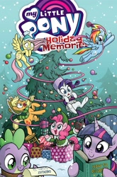 Size: 1400x2125 | Tagged: safe, artist:agnesgarbowska, derpibooru import, idw, applejack, fluttershy, pinkie pie, rainbow dash, rarity, spike, twilight sparkle, twilight sparkle (alicorn), alicorn, dragon, earth pony, pegasus, pony, unicorn, spoiler:comic, spoiler:holidaymemories, book, christmas, christmas tree, comic cover, hat, hearth's warming, holiday, holiday memories, mane seven, mane six, ornament, present, santa hat, tree