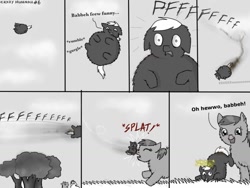 Size: 1024x768 | Tagged: safe, artist:waggytail, oc, oc only, oc:crazy mummah, fluffy pony, balloon, deflation, fart, fart joke, fart noise, fluffy pony foal, fluffy pony mother, inflation, onomatopoeia, sound effects, wat
