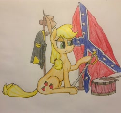 Size: 1280x1194 | Tagged: safe, derpibooru import, applejack, earth pony, pony, american civil war, confederate, confederate flag, cutie mark, drawing, drums, hat, mouthpiece, musical instrument, solo, tennessee ernie ford, traditional art