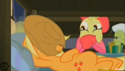 Size: 1366x768 | Tagged: safe, screencap, apple bloom, applejack, earth pony, pony, hearthbreakers, bunk bed, sleeping