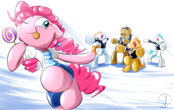 Size: 1700x1080 | Tagged: safe, artist:phuocthiencreation, pinkie pie, oc, earth pony, pony, semi-anthro, candy, clothes, food, lollipop