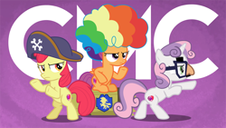 Size: 14852x8402 | Tagged: safe, artist:jhayarr23, derpibooru import, apple bloom, scootaloo, sweetie belle, pony, hard to say anything, absurd resolution, agent rainbow head, charlie's angels, clown wig, cutie mark crusaders, female, filly, glasses, groucho mask, hat, mare, pirate hat, rainbow wig, spyrate, trio, wallpaper, wig