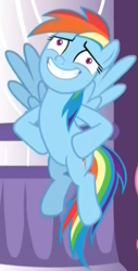 Size: 292x573 | Tagged: safe, derpibooru import, screencap, rainbow dash, pegasus, pony, the summer sun setback, cropped, faic, fake smile, female, flying, hooves on hips, mare, nervous, nervous grin, rainbow dash is best facemaker, rainbowsnap, solo focus, telling lies