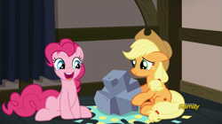 Size: 1279x717 | Tagged: safe, screencap, applejack, pinkie pie, earth pony, pony, hearthbreakers, applejack's hat, cowboy hat, cute, diapinkes, faic, female, floppy ears, hat, mare, open mouth, pie family home, rock, sitting