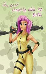Size: 1050x1680 | Tagged: safe, artist:keepare, fluttershy, human, belt, clothes, gun, hand on hip, humanized, looking at you, rifle, solo, trigger discipline, weapon