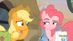 Size: 853x480 | Tagged: safe, screencap, applejack, pinkie pie, earth pony, pony, hearthbreakers, animated, boop, noseboop, personal space invasion