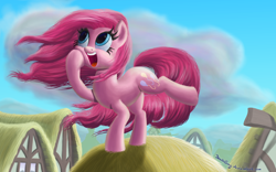 Size: 2000x1250 | Tagged: safe, artist:deathpwny, pinkie pie, earth pony, pony, happy, open mouth, solo, windswept mane