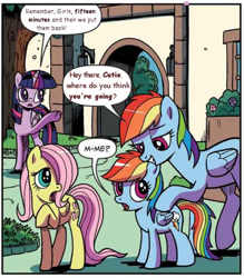Size: 526x600 | Tagged: safe, artist:pencils, derpibooru import, edit, editor:sollace, idw, fluttershy, rainbow dash, twilight sparkle, twilight sparkle (alicorn), alicorn, pegasus, pony, spoiler:comic, spoiler:comicidw2020, bipedal, comic, female, filly, filly fluttershy, filly rainbow dash, foal, grin, hair over one eye, implied selfcest, lidded eyes, mare, official comic, open mouth, personal space invasion, pointing, raised hoof, self ponidox, shipping fuel, smiling, smirk, speech bubble, stranger danger, this will end in timeline distortion, time paradox, twilight is a foal fiddler, underhoof, wide eyes, younger