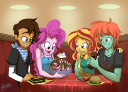 Size: 1600x1151 | Tagged: safe, artist:moostargazer, pinkie pie, sunset shimmer, oc, oc:copper plume, oc:ruby sword, equestria girls, burger, canon x oc, chocolate syrup, clothes, commission, commissioner:imperfectxiii, copperpie, diner, double date, drink, female, food, freckles, french fries, glasses, hamburger, ice cream, jewelry, male, neckerchief, necklace, sandwich, shipping, shirt, sleeveless, smiling, soda, straight, sundae, sunsword