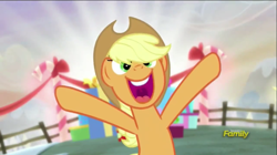 Size: 853x478 | Tagged: safe, screencap, applejack, earth pony, pony, hearthbreakers, applejack's hat, bipedal, cowboy hat, cute, female, happy, hat, jackabetes, mare, open mouth, present, smiling, solo