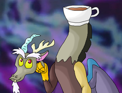 Size: 840x644 | Tagged: safe, artist:mojo1985, discord, draconequus, abstract background, cup, discord being discord, looking up, modular, smiling, solo, teacup, wat