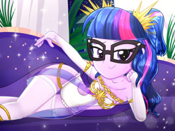 Size: 2400x1800 | Tagged: safe, artist:artmlpk, sci-twi, twilight sparkle, equestria girls, adorable face, adorasexy, adorkable, adorkasexy, alternate hairstyle, armor, bare chest, beautiful, chair, clothes, crown, curtains, cute, digital art, dork, draw me like one of your french girls, gloves, goddess, greek goddess, grin, hips, jewelry, lidded eyes, looking at you, night, palm tree, plant, prone, regalia, seat, sexy, smiling, smiling at you, smirk, socks, solo, stars, stupid sexy sci-twi, thigh highs, tree, watermark