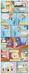 Size: 612x1555 | Tagged: safe, artist:newbiespud, derpibooru import, edit, edited screencap, screencap, applejack, fluttershy, rainbow dash, rarity, twilight sparkle, unicorn twilight, earth pony, pegasus, pony, unicorn, comic:friendship is dragons, balcony, comic, dialogue, female, freckles, hat, lantern, mare, on back, screencap comic