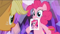 Size: 1224x689 | Tagged: safe, screencap, applejack, pinkie pie, earth pony, pony, hearthbreakers, droste effect, pinkception, recursion, the pie's paper meme