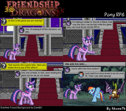 Size: 643x566 | Tagged: safe, artist:akumath, derpibooru import, rainbow dash, twilight sparkle, unicorn twilight, cockatrice, pegasus, pony, unicorn, collaboration, comic:friendship is dragons, castle, comic, dialogue, forest, full moon, moon, question mark