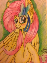 Size: 2448x3264 | Tagged: safe, artist:snowfoxythefox, derpibooru exclusive, fluttershy, butterfly, pegasus, pony, accessories, blushing, chest fluff, colored, colored pencil drawing, colored sketch, cute, hiding behind mane, pencil, pencil drawing, shyabetes, simple background, solo, traditional art